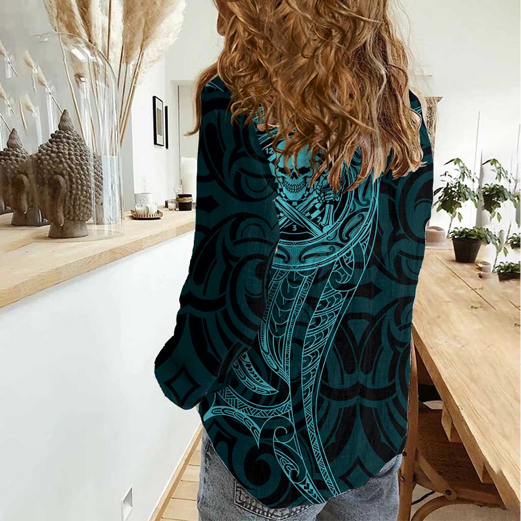 New Zealand Skull Darts Women Casual Shirt Aotearoa Maori Chest Tattoo Stylized Teal - Aussie Hoodie