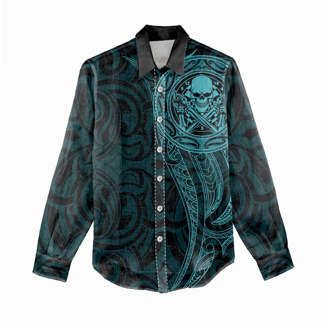 New Zealand Skull Darts Women Casual Shirt Aotearoa Maori Chest Tattoo Stylized Teal - Aussie Hoodie