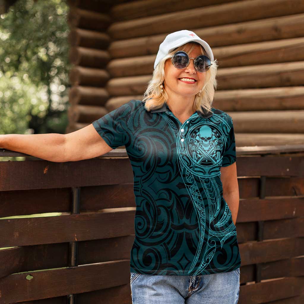 New Zealand Skull Darts Women Polo Shirt Aotearoa Maori Chest Tattoo Stylized Teal - Aussie Hoodie
