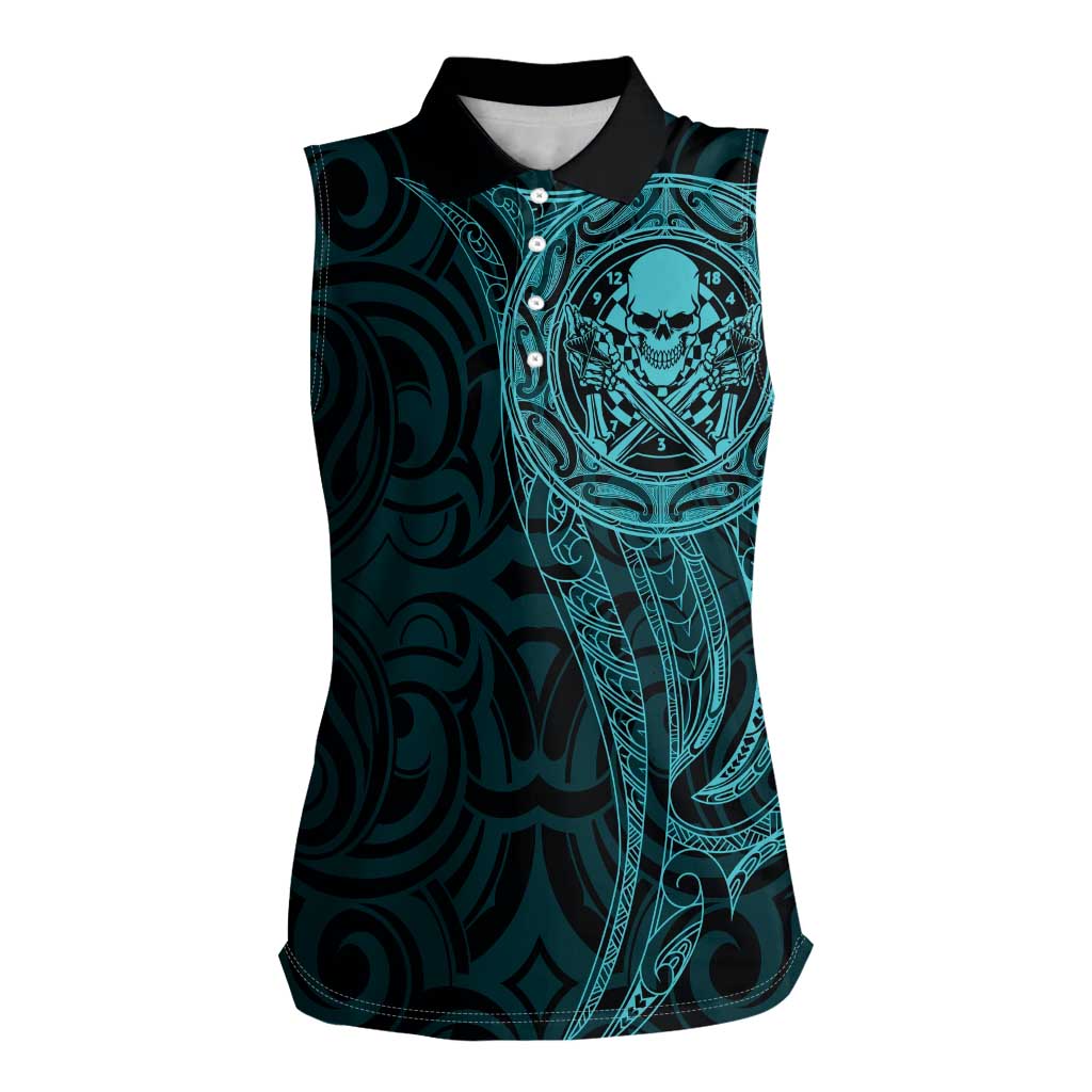 New Zealand Skull Darts Women Sleeveless Polo Shirt Aotearoa Maori Chest Tattoo Stylized Teal - Aussie Hoodie