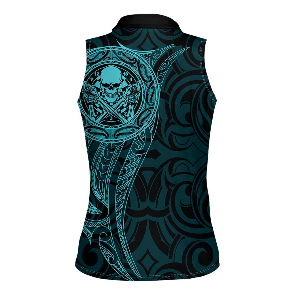 New Zealand Skull Darts Women Sleeveless Polo Shirt Aotearoa Maori Chest Tattoo Stylized Teal - Aussie Hoodie