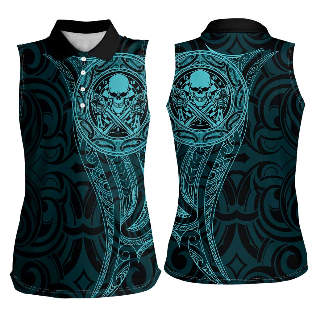 New Zealand Skull Darts Women Sleeveless Polo Shirt Aotearoa Maori Chest Tattoo Stylized Teal - Aussie Hoodie