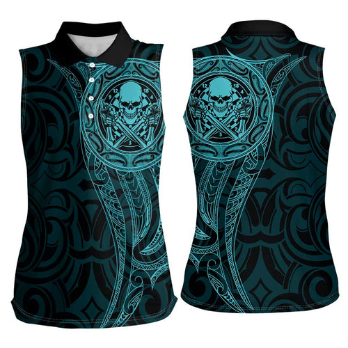 New Zealand Skull Darts Women Sleeveless Polo Shirt Aotearoa Maori Chest Tattoo Stylized Teal - Aussie Hoodie