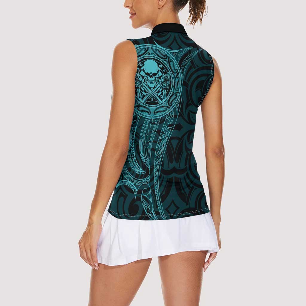 New Zealand Skull Darts Women Sleeveless Polo Shirt Aotearoa Maori Chest Tattoo Stylized Teal - Aussie Hoodie