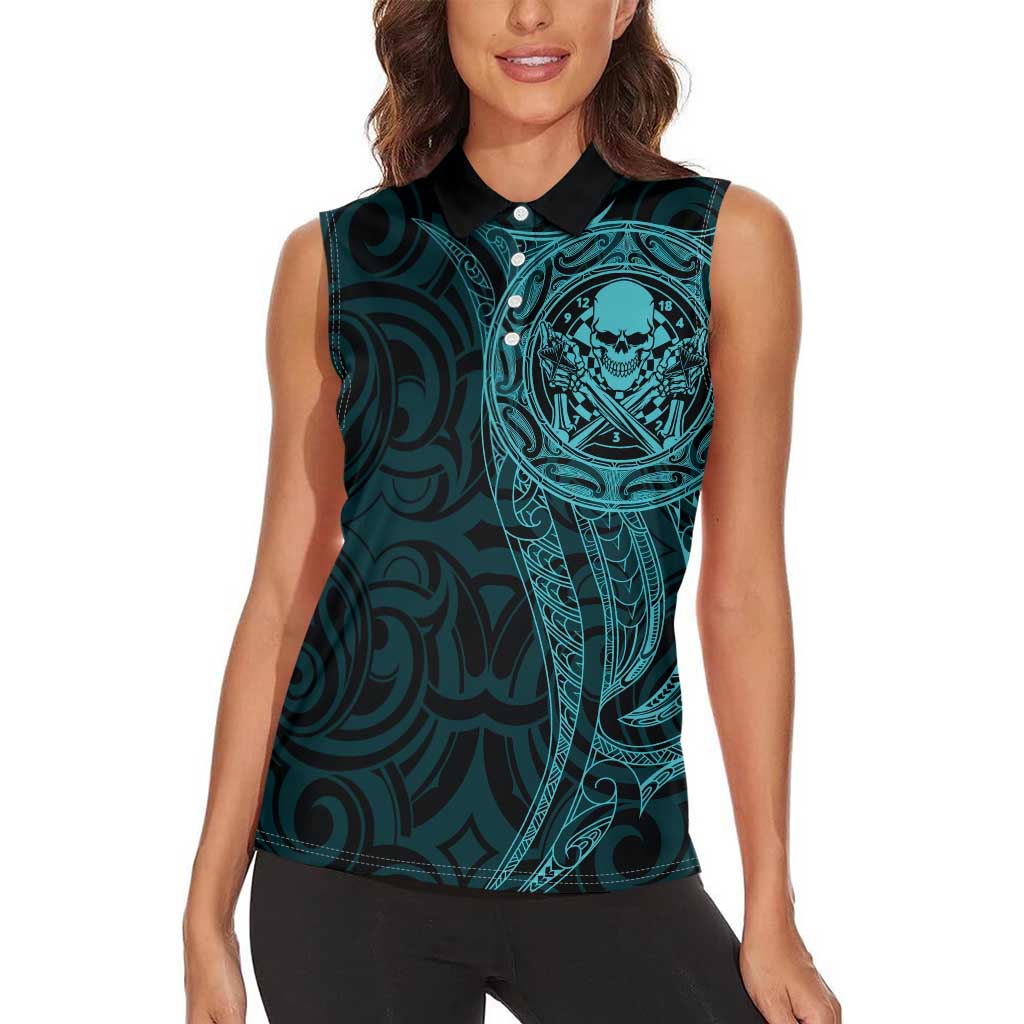 New Zealand Skull Darts Women Sleeveless Polo Shirt Aotearoa Maori Chest Tattoo Stylized Teal - Aussie Hoodie