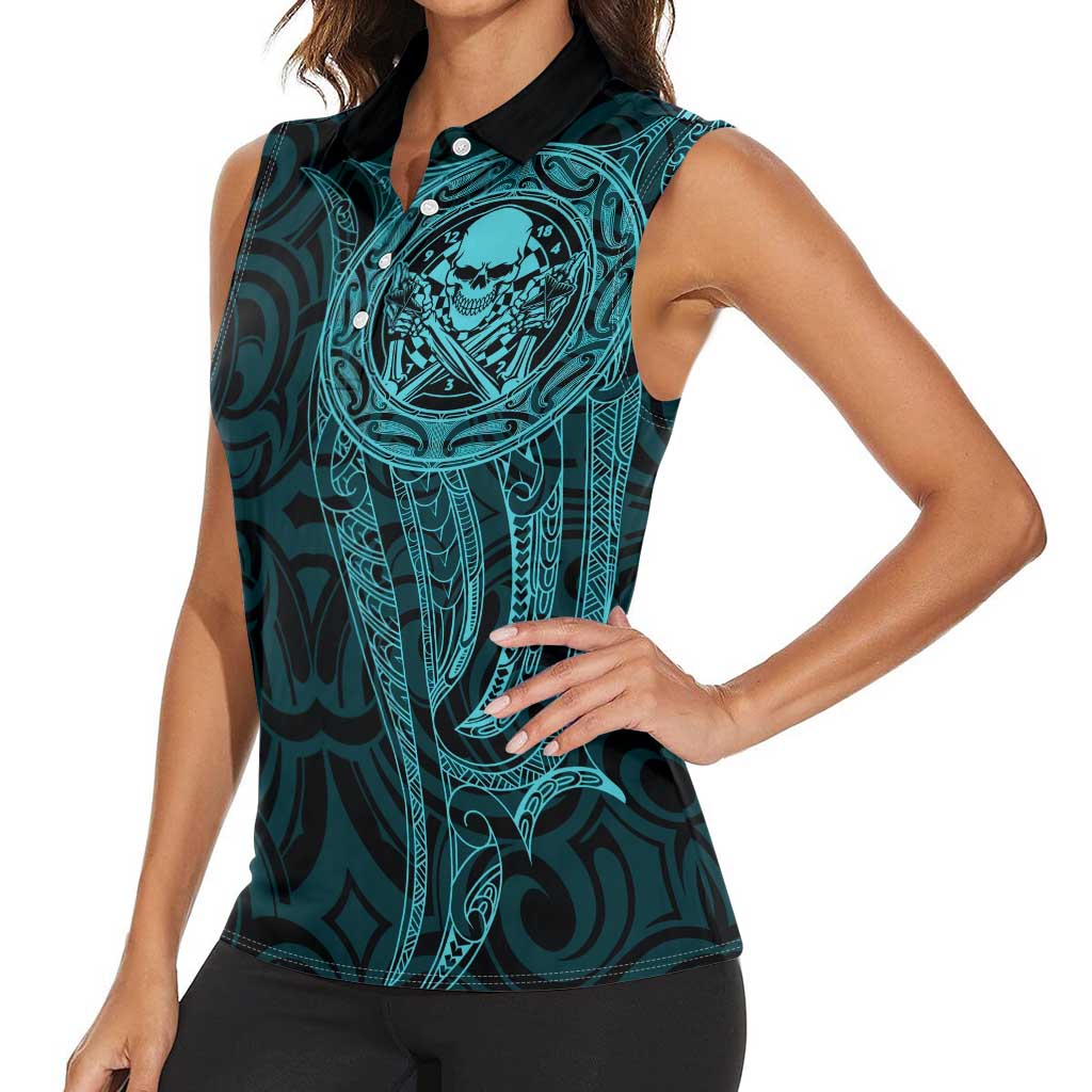 New Zealand Skull Darts Women Sleeveless Polo Shirt Aotearoa Maori Chest Tattoo Stylized Teal - Aussie Hoodie