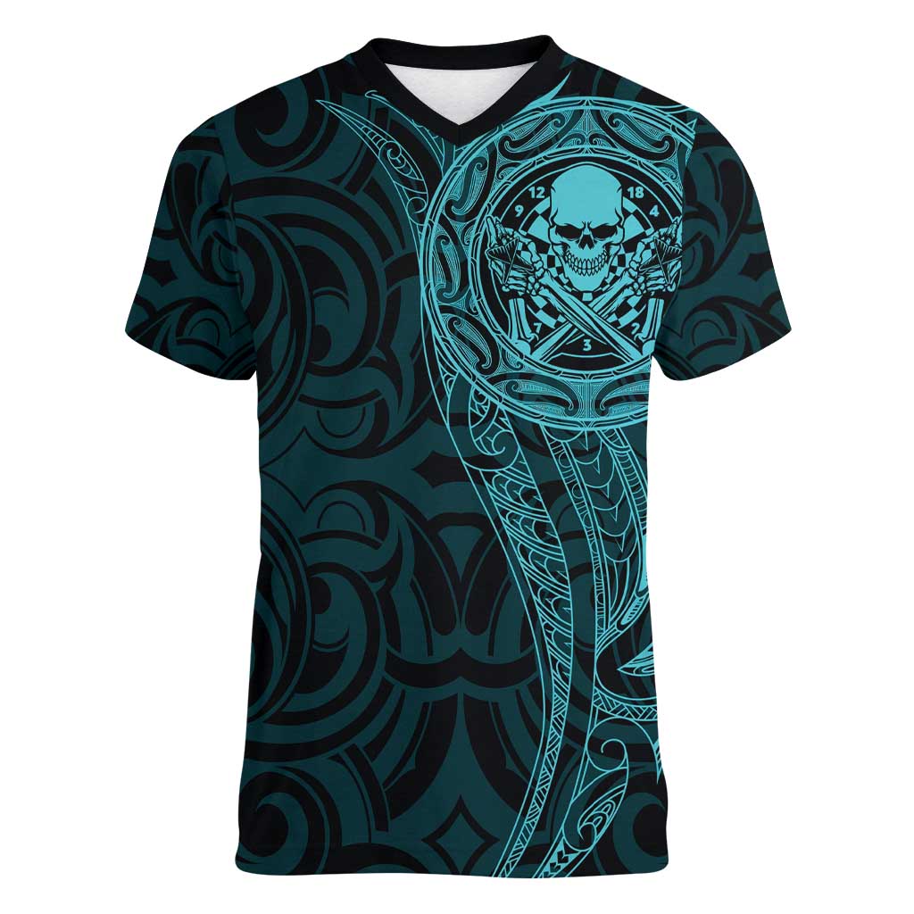 New Zealand Skull Darts Women V-Neck T-Shirt Aotearoa Maori Chest Tattoo Stylized Teal - Aussie Hoodie