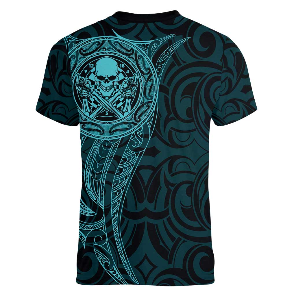 New Zealand Skull Darts Women V-Neck T-Shirt Aotearoa Maori Chest Tattoo Stylized Teal - Aussie Hoodie