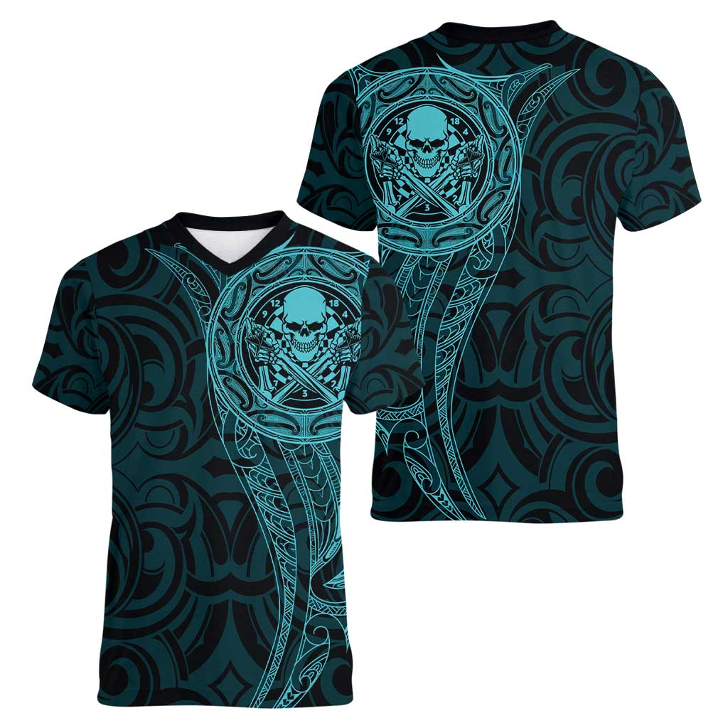 New Zealand Skull Darts Women V-Neck T-Shirt Aotearoa Maori Chest Tattoo Stylized Teal - Aussie Hoodie