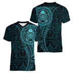 New Zealand Skull Darts Women V-Neck T-Shirt Aotearoa Maori Chest Tattoo Stylized Teal - Aussie Hoodie