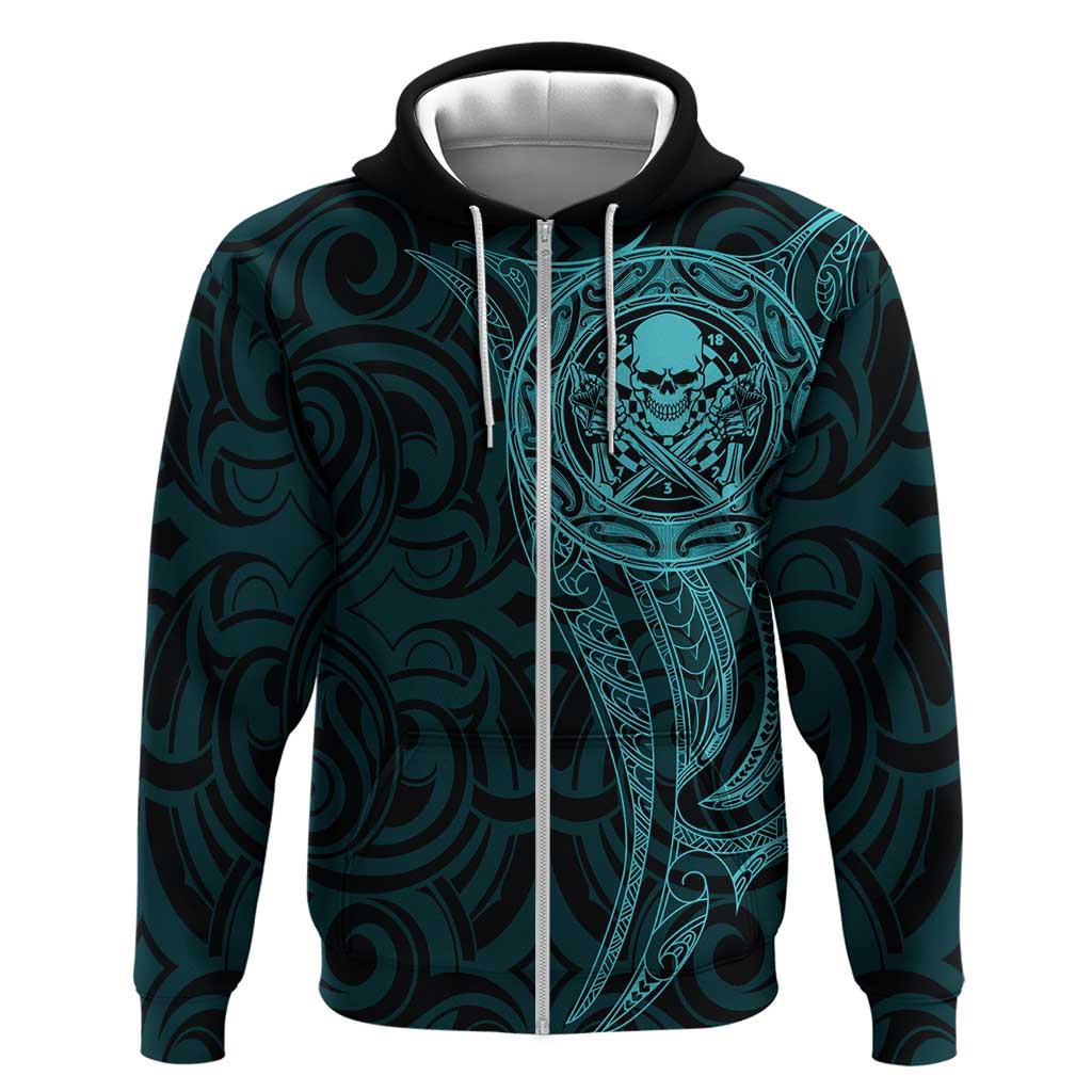 New Zealand Skull Darts Zip Hoodie Aotearoa Maori Chest Tattoo Stylized Teal - Aussie Hoodie