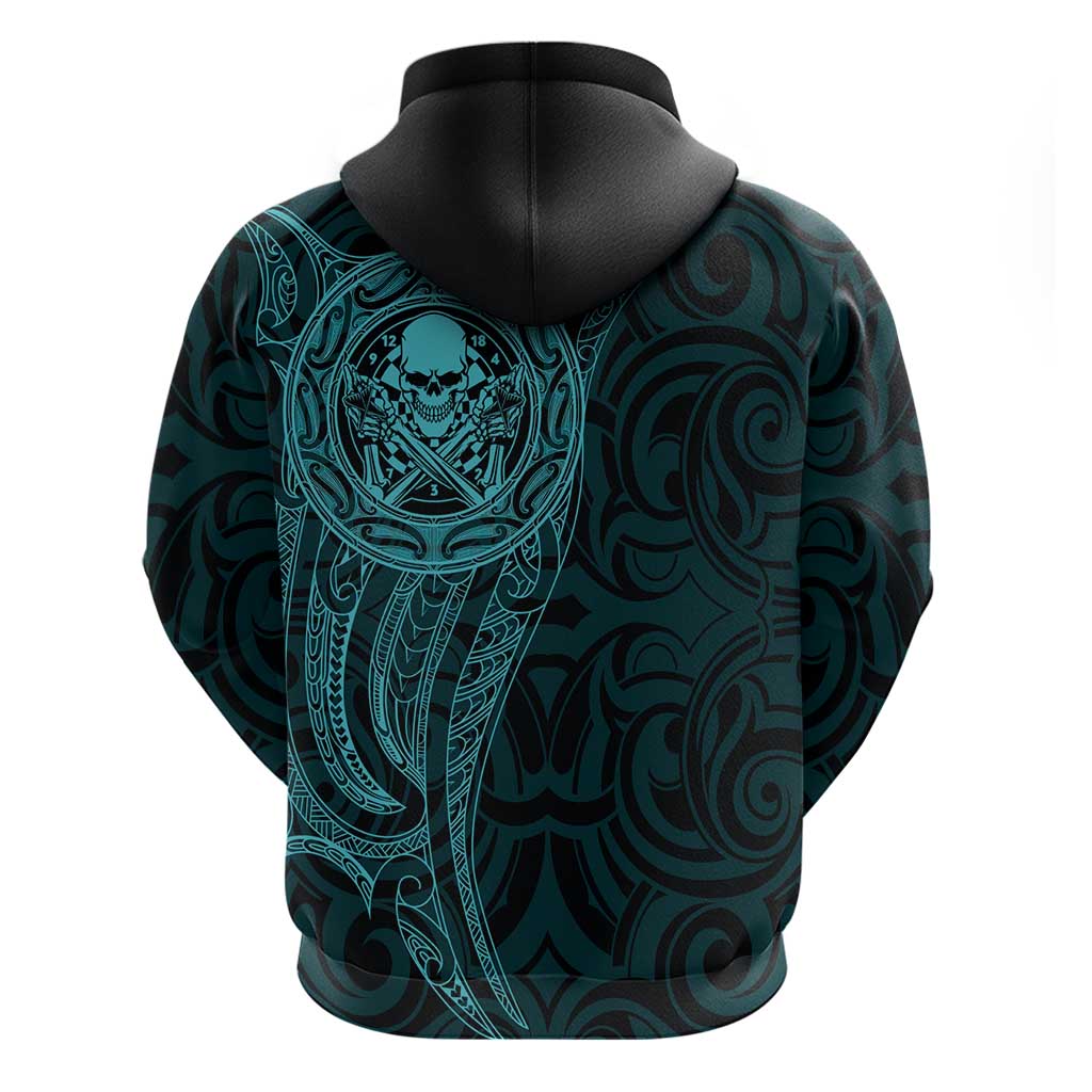 New Zealand Skull Darts Zip Hoodie Aotearoa Maori Chest Tattoo Stylized Teal - Aussie Hoodie