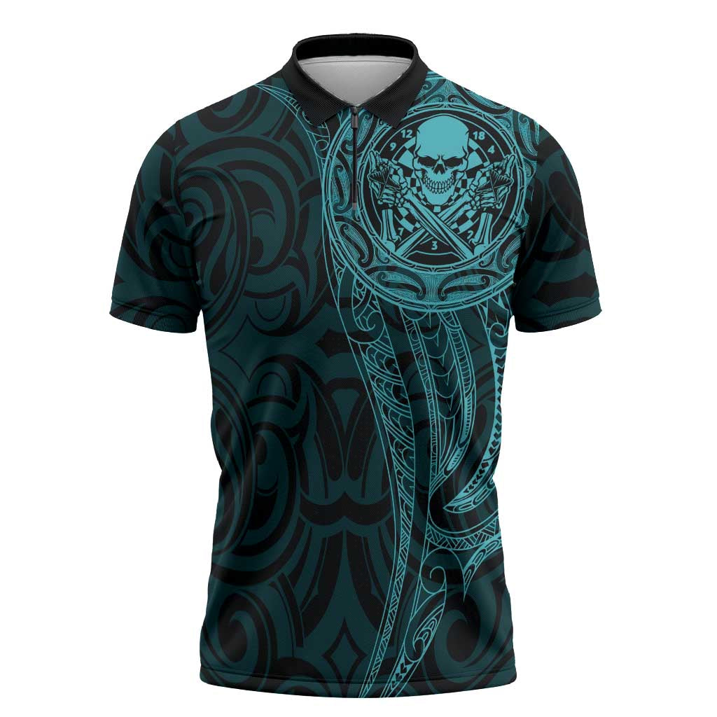 New Zealand Skull Darts Zipper Polo Shirt Aotearoa Maori Chest Tattoo Stylized Teal - Aussie Hoodie