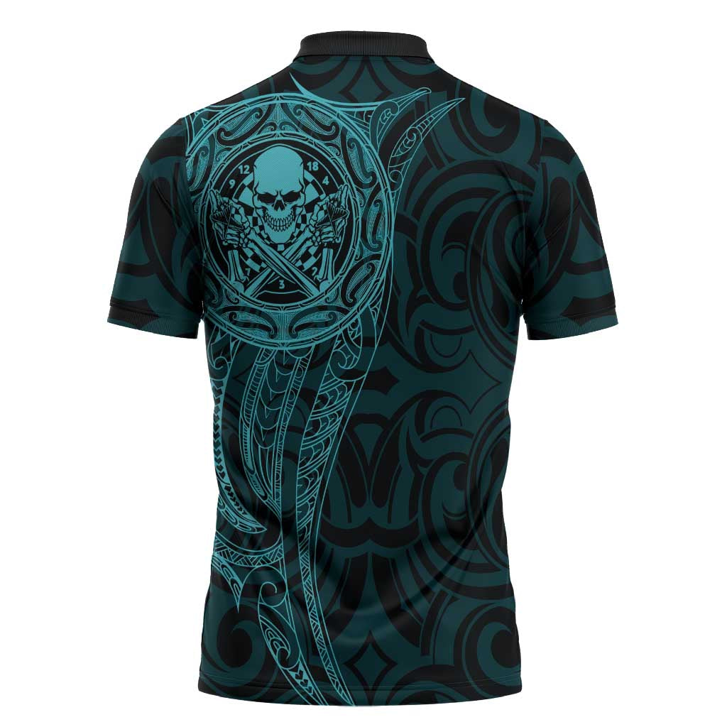 New Zealand Skull Darts Zipper Polo Shirt Aotearoa Maori Chest Tattoo Stylized Teal - Aussie Hoodie
