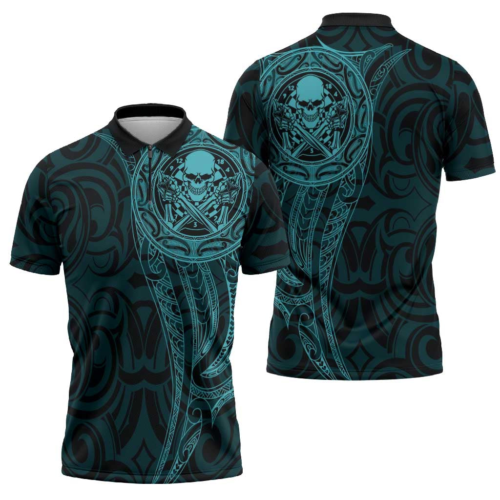 New Zealand Skull Darts Zipper Polo Shirt Aotearoa Maori Chest Tattoo Stylized Teal - Aussie Hoodie