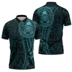 New Zealand Skull Darts Zipper Polo Shirt Aotearoa Maori Chest Tattoo Stylized Teal - Aussie Hoodie