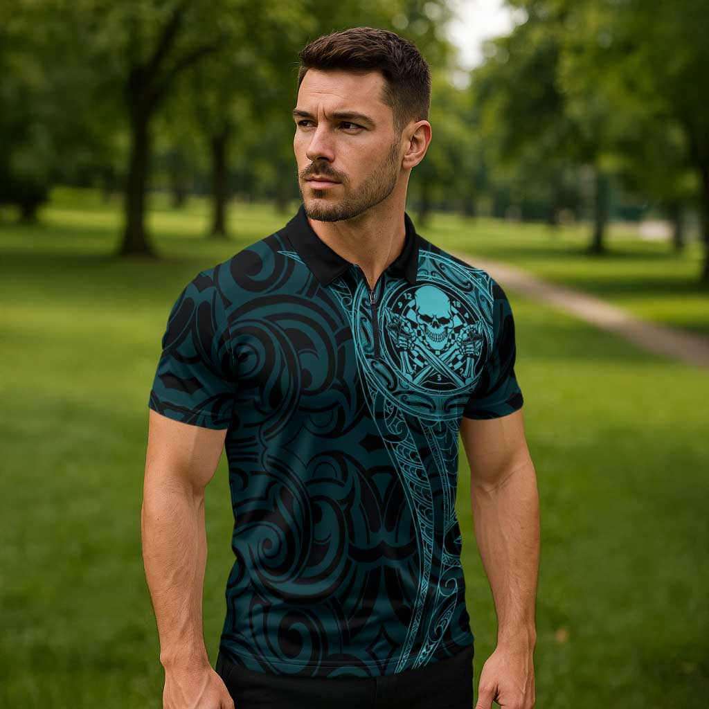 New Zealand Skull Darts Zipper Polo Shirt Aotearoa Maori Chest Tattoo Stylized Teal - Aussie Hoodie