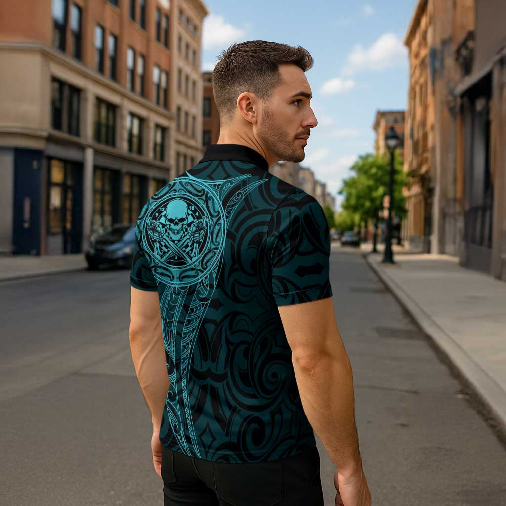 New Zealand Skull Darts Zipper Polo Shirt Aotearoa Maori Chest Tattoo Stylized Teal - Aussie Hoodie