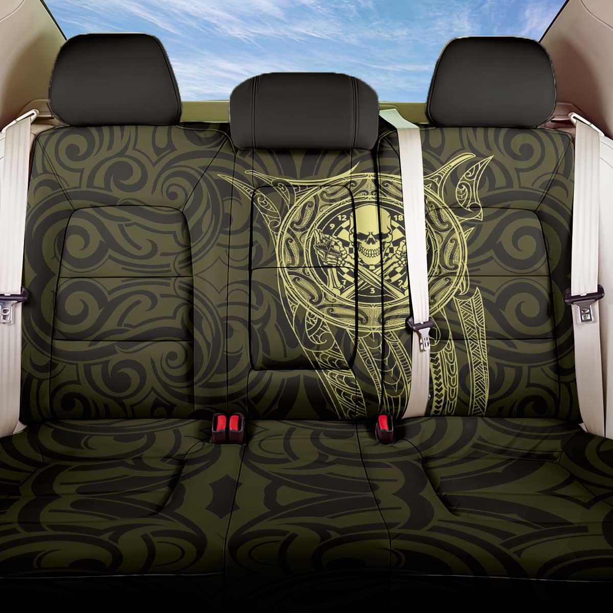 New Zealand Skull Darts Back Car Seat Cover Aotearoa Maori Chest Tattoo Stylized Gold - Aussie Hoodie