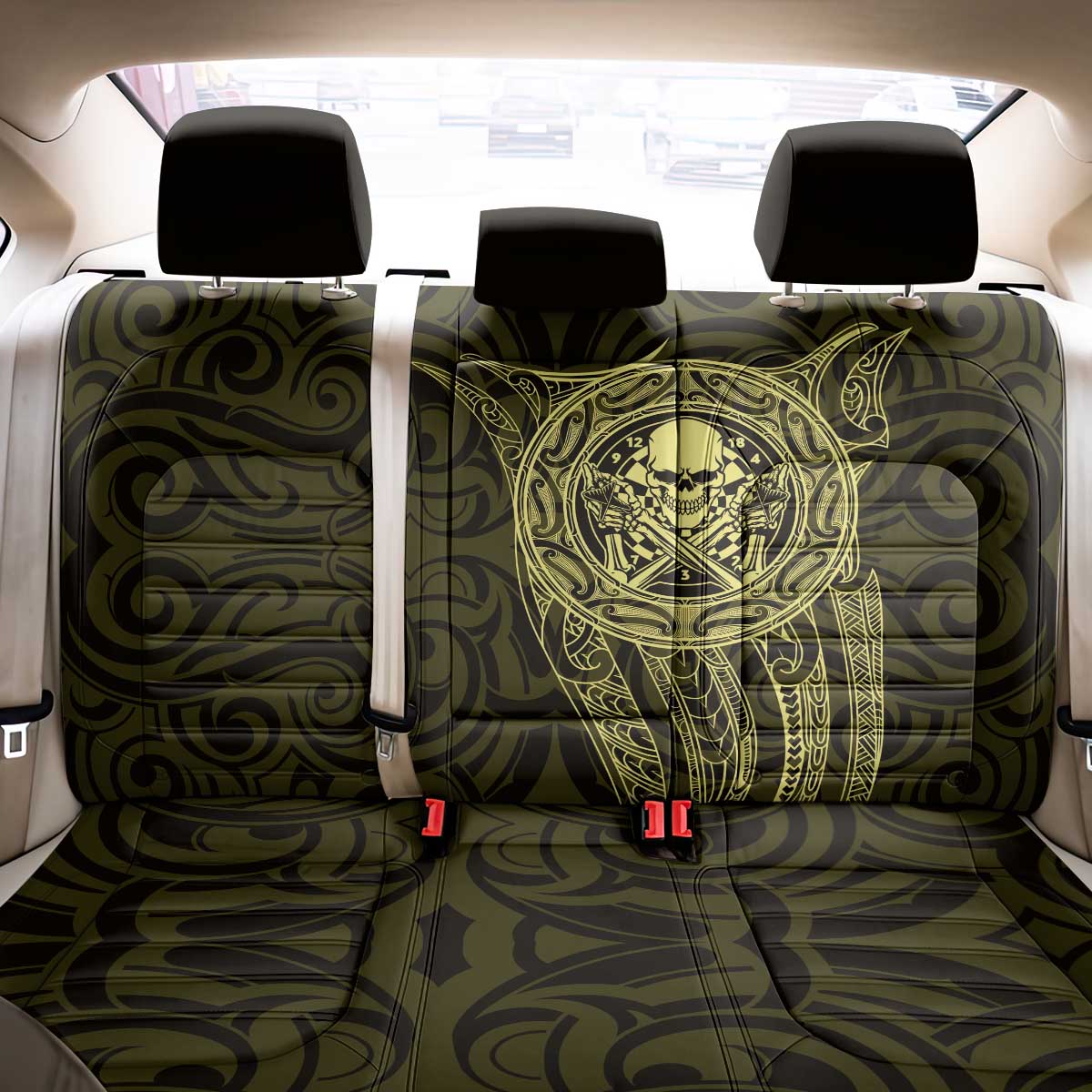 New Zealand Skull Darts Back Car Seat Cover Aotearoa Maori Chest Tattoo Stylized Gold - Aussie Hoodie