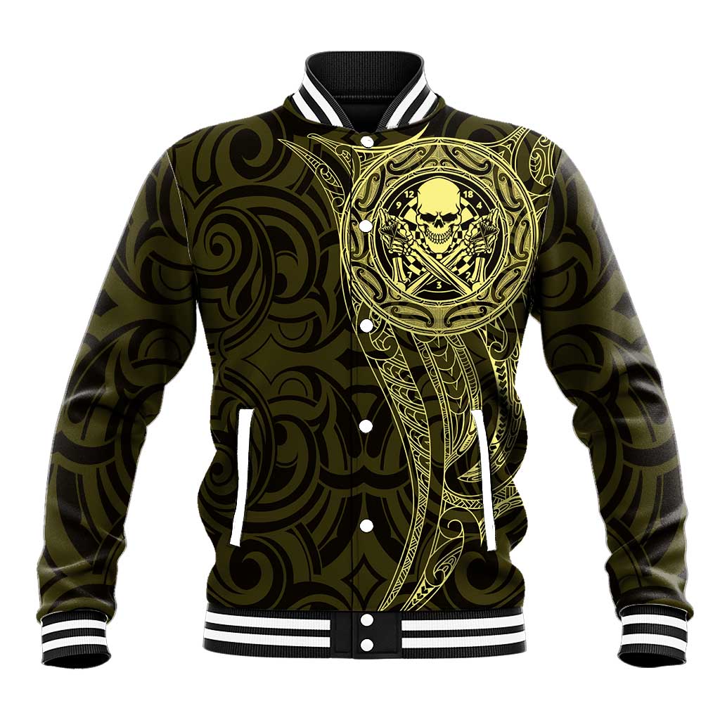 New Zealand Skull Darts Baseball Jacket Aotearoa Maori Chest Tattoo Stylized Gold - Aussie Hoodie