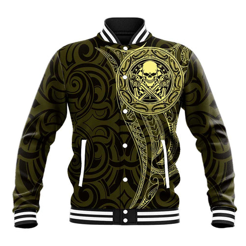 New Zealand Skull Darts Baseball Jacket Aotearoa Maori Chest Tattoo Stylized Gold - Aussie Hoodie