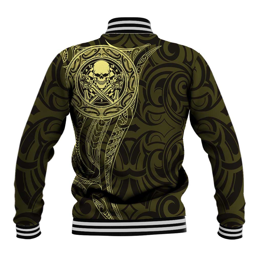 New Zealand Skull Darts Baseball Jacket Aotearoa Maori Chest Tattoo Stylized Gold - Aussie Hoodie