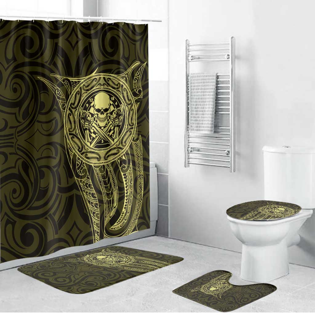 New Zealand Skull Darts Bathroom Set Aotearoa Maori Chest Tattoo Stylized Gold - Aussie Hoodie