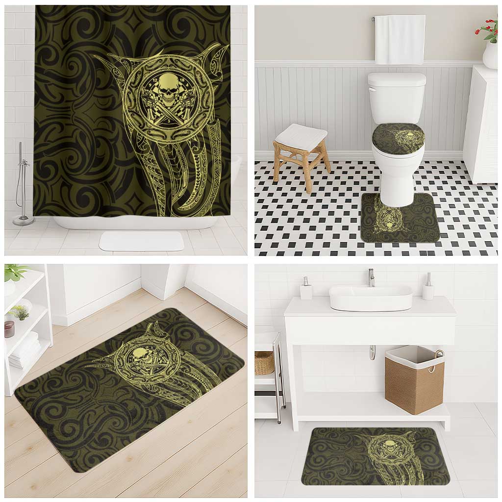 New Zealand Skull Darts Bathroom Set Aotearoa Maori Chest Tattoo Stylized Gold - Aussie Hoodie