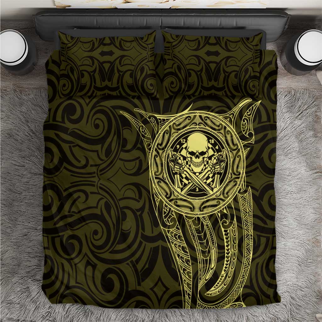New Zealand Skull Darts Bedding Set Aotearoa Maori Chest Tattoo Stylized Gold - Aussie Hoodie