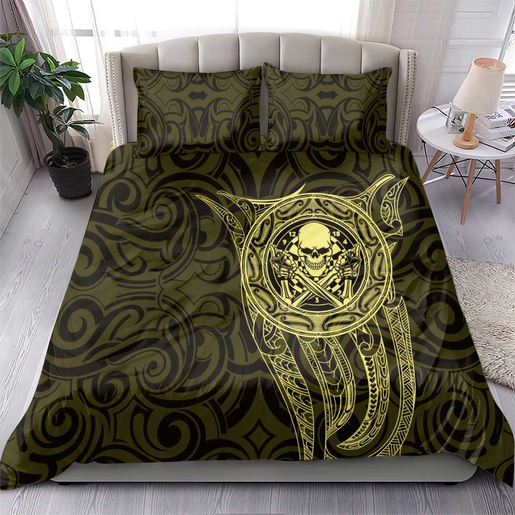 New Zealand Skull Darts Bedding Set Aotearoa Maori Chest Tattoo Stylized Gold - Aussie Hoodie