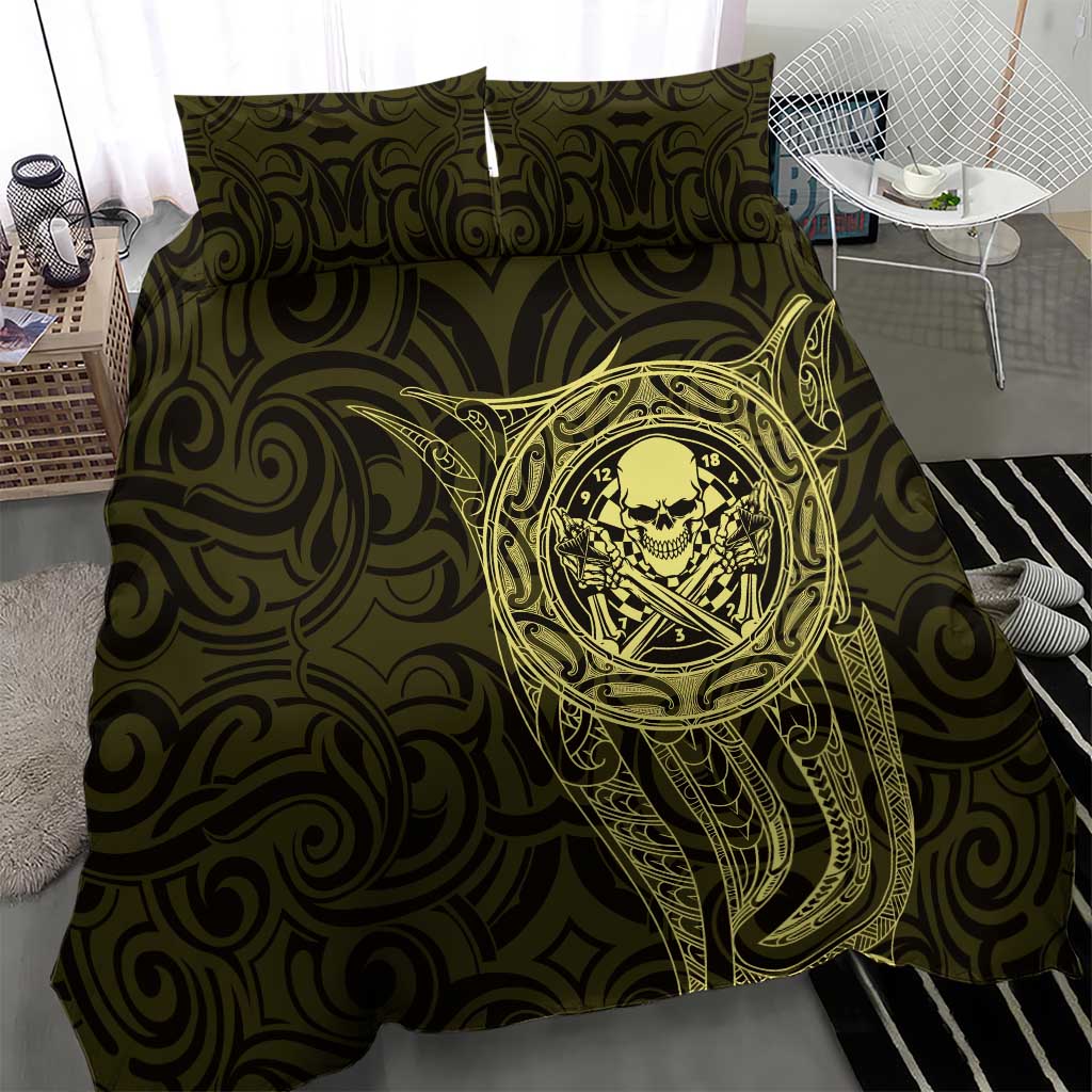 New Zealand Skull Darts Bedding Set Aotearoa Maori Chest Tattoo Stylized Gold - Aussie Hoodie