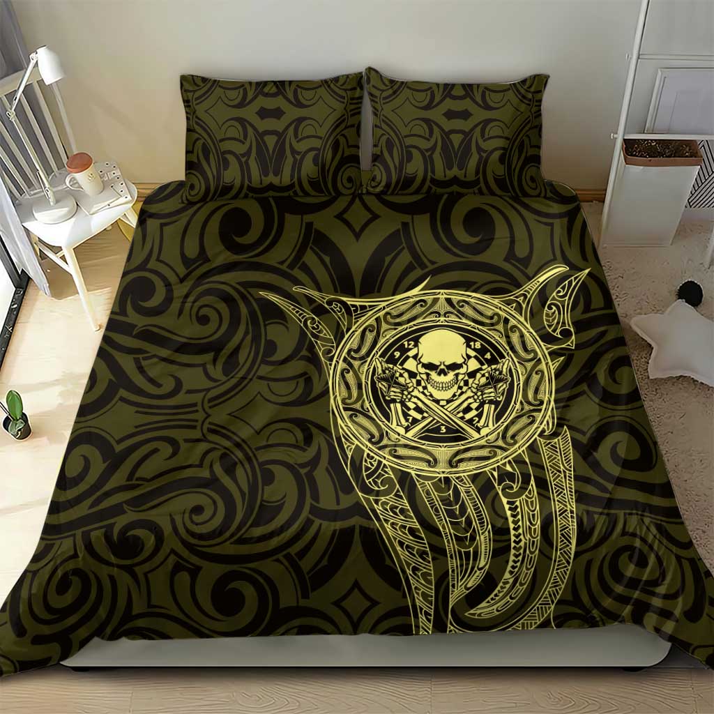 New Zealand Skull Darts Bedding Set Aotearoa Maori Chest Tattoo Stylized Gold - Aussie Hoodie