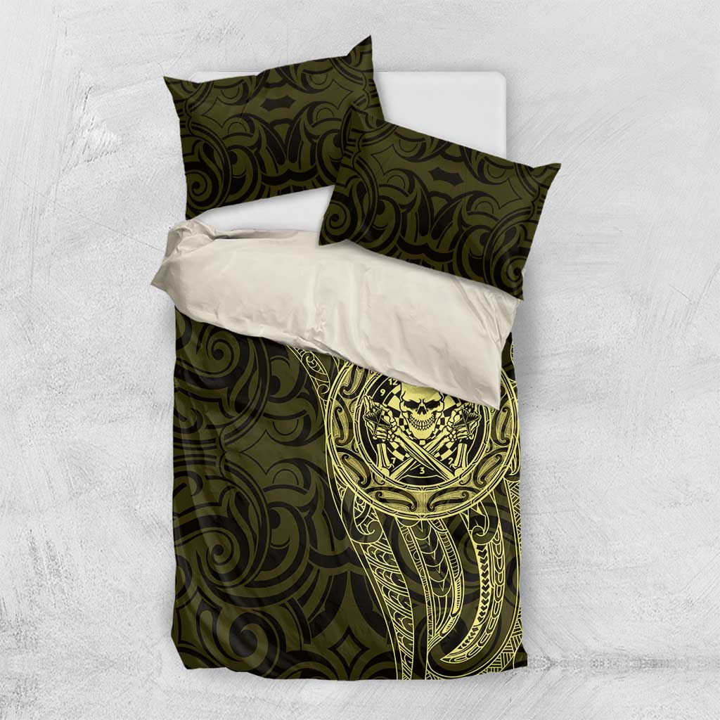 New Zealand Skull Darts Bedding Set Aotearoa Maori Chest Tattoo Stylized Gold - Aussie Hoodie