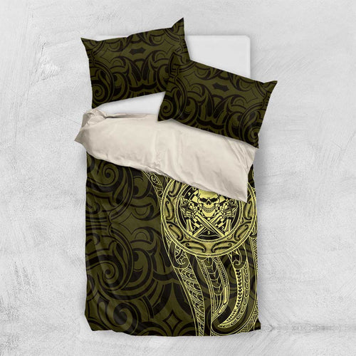 New Zealand Skull Darts Bedding Set Aotearoa Maori Chest Tattoo Stylized Gold - Aussie Hoodie
