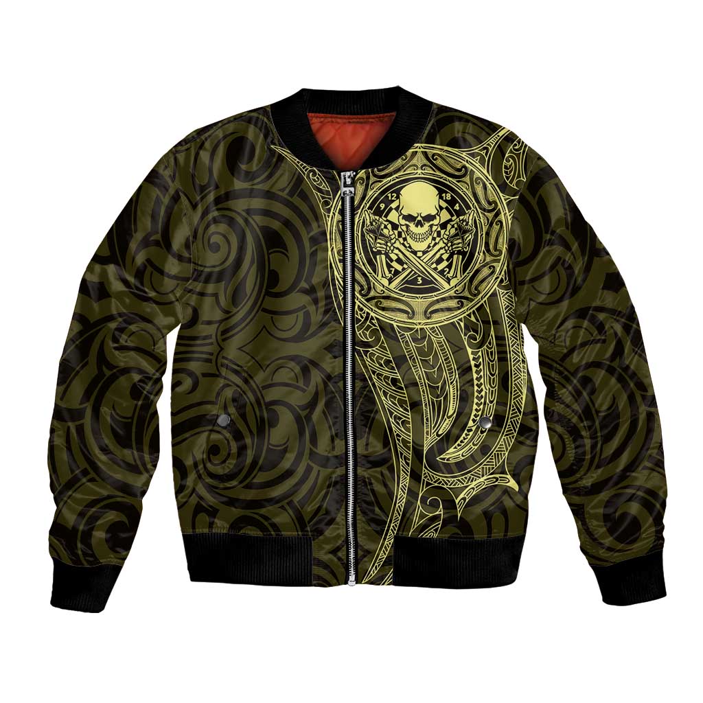 New Zealand Skull Darts Bomber Jacket Aotearoa Maori Chest Tattoo Stylized Gold - Aussie Hoodie