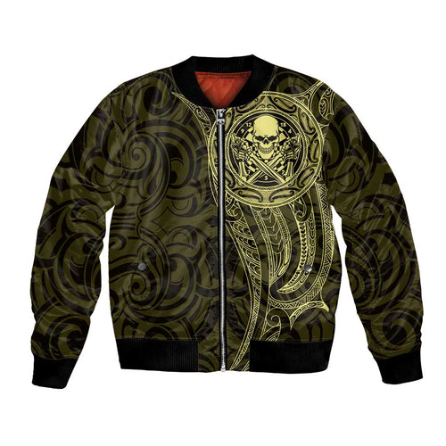 New Zealand Skull Darts Bomber Jacket Aotearoa Maori Chest Tattoo Stylized Gold - Aussie Hoodie