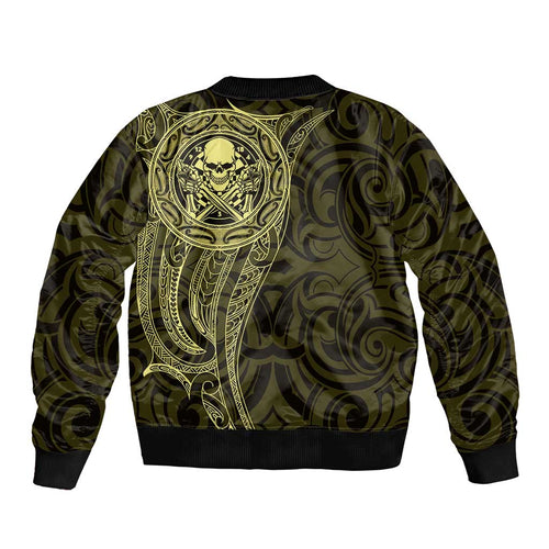 New Zealand Skull Darts Bomber Jacket Aotearoa Maori Chest Tattoo Stylized Gold - Aussie Hoodie