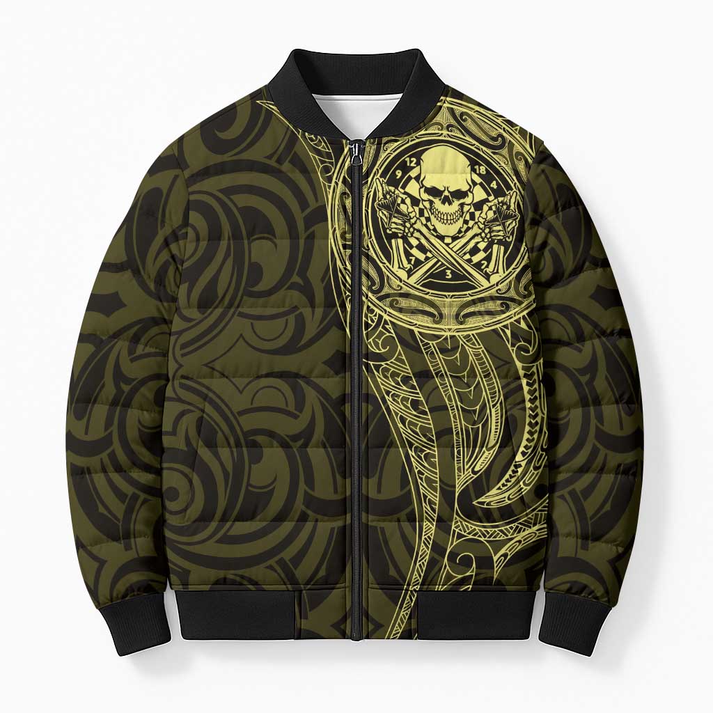 New Zealand Skull Darts Bomber Puffer Jacket Aotearoa Maori Chest Tattoo Stylized Gold - Aussie Hoodie