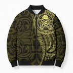 New Zealand Skull Darts Bomber Puffer Jacket Aotearoa Maori Chest Tattoo Stylized Gold - Aussie Hoodie