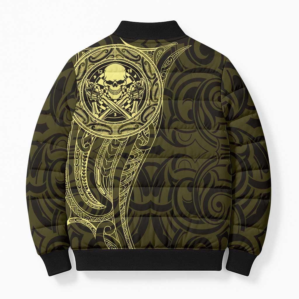 New Zealand Skull Darts Bomber Puffer Jacket Aotearoa Maori Chest Tattoo Stylized Gold - Aussie Hoodie