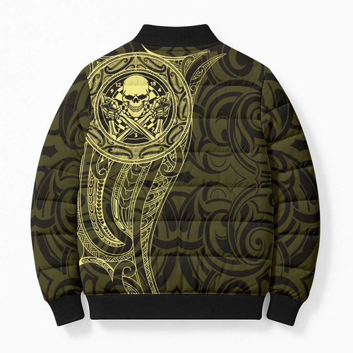 New Zealand Skull Darts Bomber Puffer Jacket Aotearoa Maori Chest Tattoo Stylized Gold - Aussie Hoodie