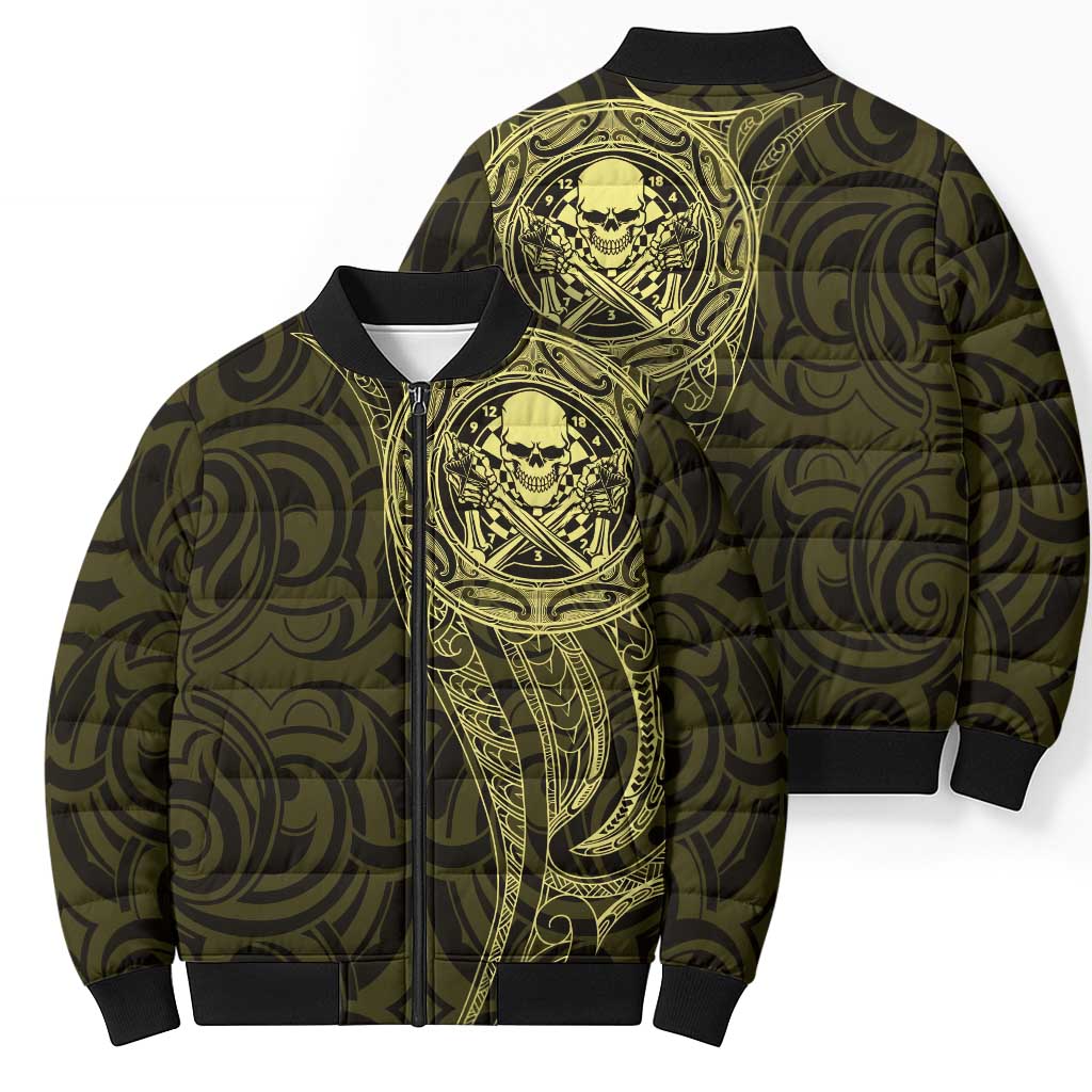 New Zealand Skull Darts Bomber Puffer Jacket Aotearoa Maori Chest Tattoo Stylized Gold - Aussie Hoodie