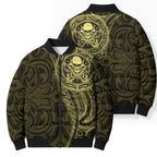 New Zealand Skull Darts Bomber Puffer Jacket Aotearoa Maori Chest Tattoo Stylized Gold - Aussie Hoodie