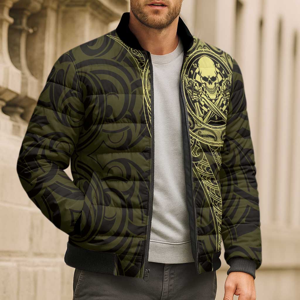 New Zealand Skull Darts Bomber Puffer Jacket Aotearoa Maori Chest Tattoo Stylized Gold - Aussie Hoodie