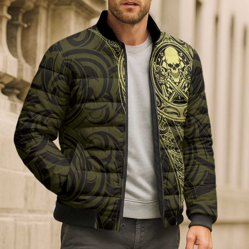 New Zealand Skull Darts Bomber Puffer Jacket Aotearoa Maori Chest Tattoo Stylized Gold - Aussie Hoodie