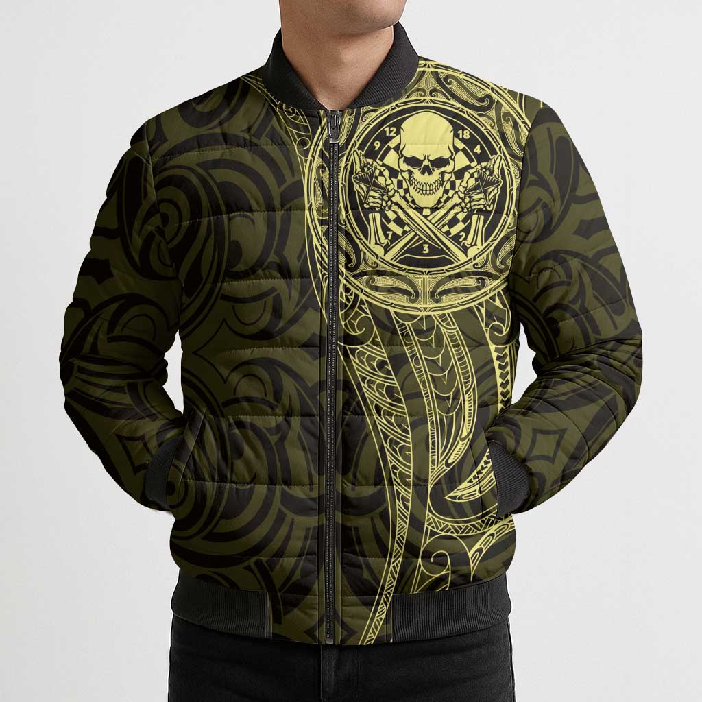 New Zealand Skull Darts Bomber Puffer Jacket Aotearoa Maori Chest Tattoo Stylized Gold - Aussie Hoodie