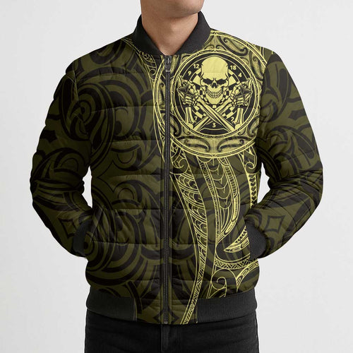New Zealand Skull Darts Bomber Puffer Jacket Aotearoa Maori Chest Tattoo Stylized Gold - Aussie Hoodie
