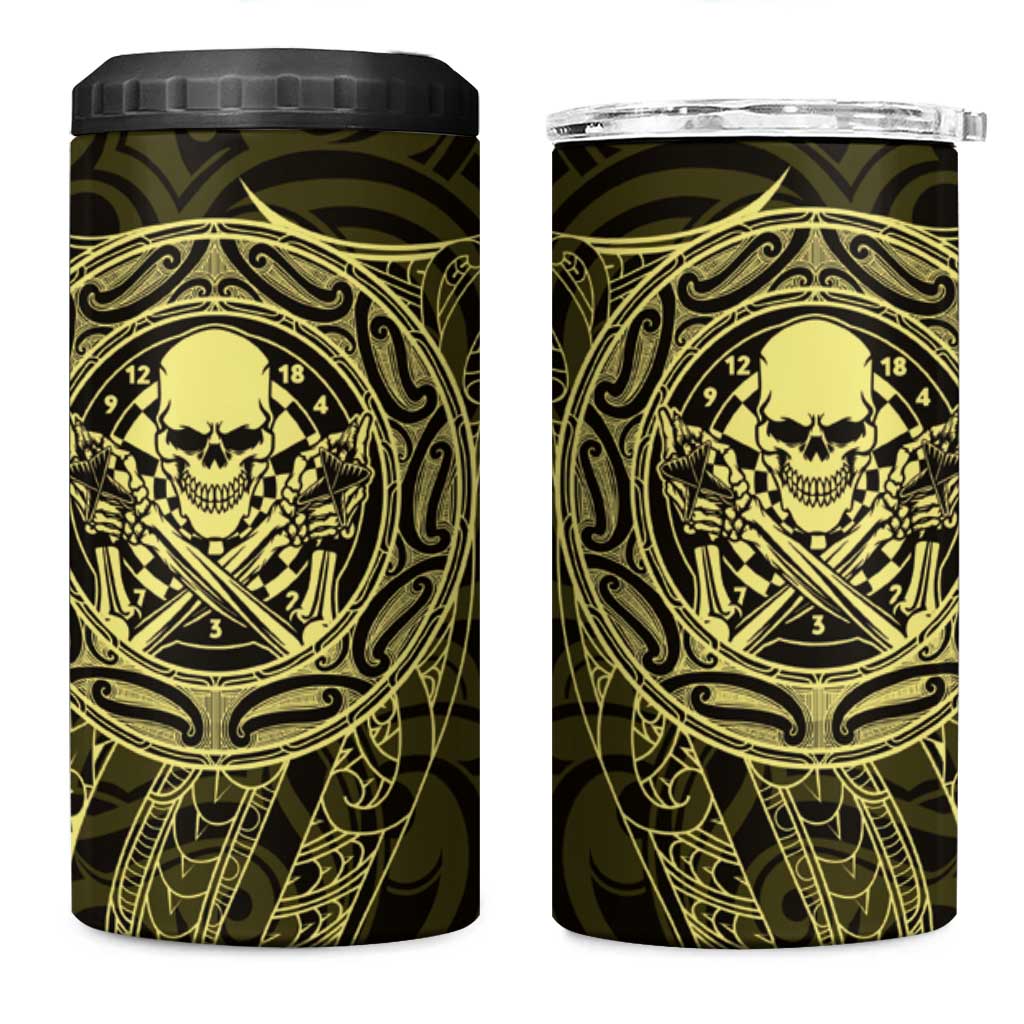 New Zealand Skull Darts 4 in 1 Can Cooler Tumbler Aotearoa Maori Chest Tattoo Stylized Gold - Aussie Hoodie