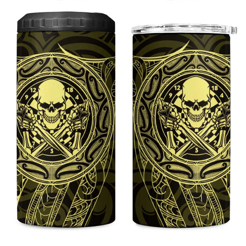 New Zealand Skull Darts 4 in 1 Can Cooler Tumbler Aotearoa Maori Chest Tattoo Stylized Gold - Aussie Hoodie